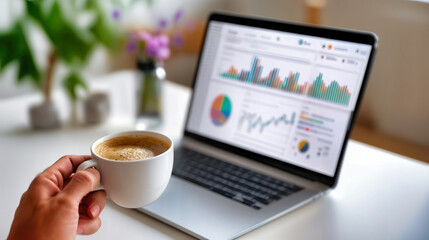 Hand holding espresso cup near laptop with colorful business analytics dashboard on screen. Digital workspace with financial data visualization, charts and performance metrics. Modern home office