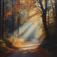 Obraz premium Autumn Forest Path with Vibrant Fallen Leaves and Soft Sunlight
