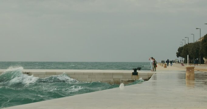 Strong Waves from the Jugo Wind Crash on the Promenade in Zadar, Croatia