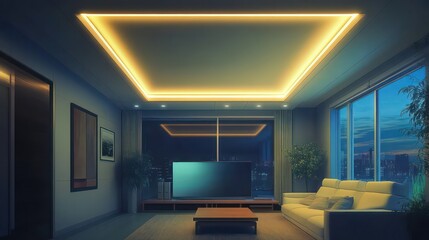 Modern apartment interior glowing at twilight