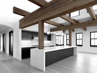 Spacious bright open plan office interior with rustic wooden ceiling beams white walls and clean minimalist reception desk natural material focus emphasizing modern professional environment