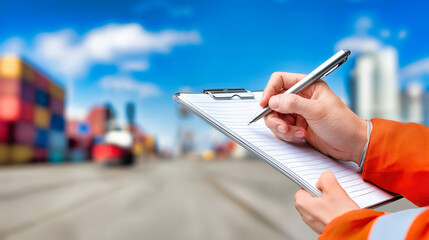 Logistics worker with orange safety vest writing on clipboard during container port inspection. Maritime freight supervisor completing quality control checklist at shipping terminal. Cargo operations