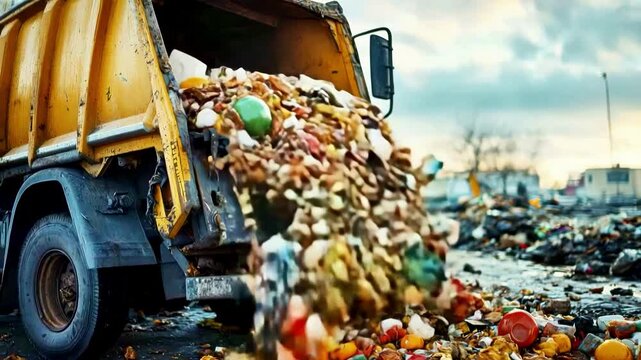 Garbage truck unloading mixed waste including food scraps, plastic containers, trash, and refuse landfill site with scattered debris cloudy sky, highlighting pollution and environment challenges.