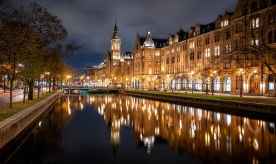 Obraz premium Nighttime city canal reflections, illuminated buildings, autumn trees, tranquil scene, perfect for backgrounds