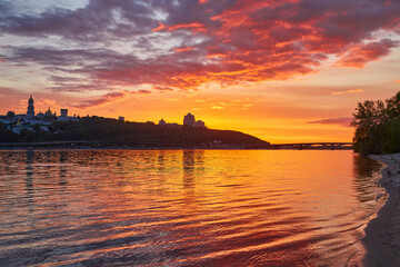 Fiery Sunset over Dnipro River Kyiv