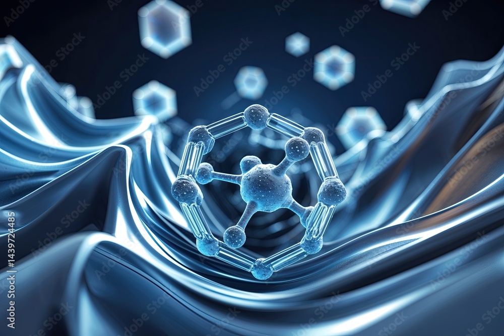 Poster sleek molecular visualization with hexagonal shapes and flowing wave patterns for health and tech in