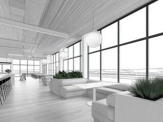 Fototapeta premium Spacious bright modern office interior with white walls sleek furniture and large windows bringing abundant natural light into a minimalist collaborative workspace with fresh stylish professional