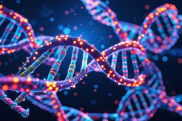 Dynamic Digital DNA Strand on Deep Blue Background Highlighting Genetic Engineering and Biotechnology Advances