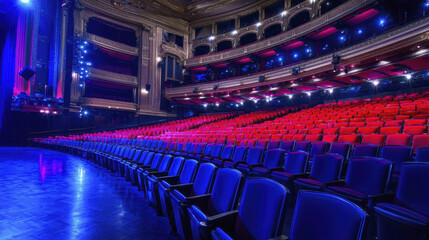 stunning view of opulent theater interior featuring ornate architecture, vibrant red and blue seating, and dramatic lighting