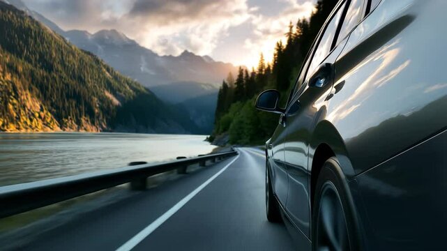 A sleek car driving on a winding road surrounded by forests and mountains with a serene lakeview at sunset, evoking freedom, adventure, and the beauty of nature