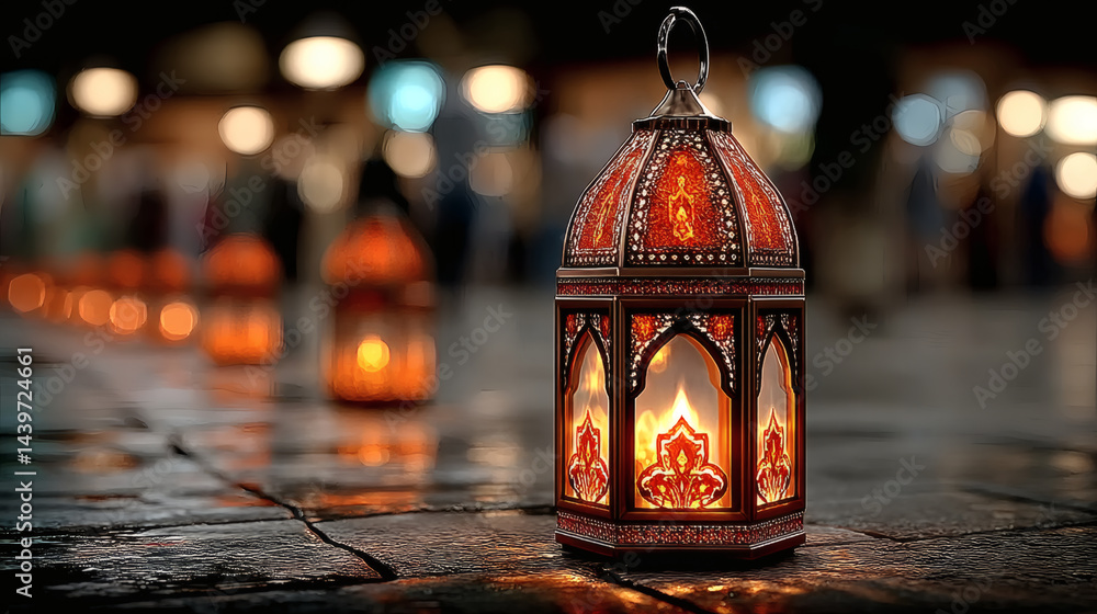 Poster ornate lantern glowing in dimly lit space with soft bokeh background