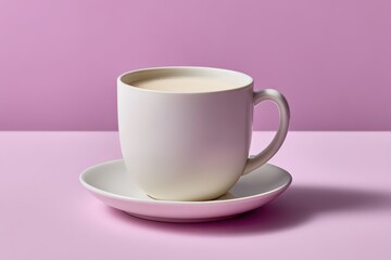 Fototapeta premium Elegant white porcelain coffee cup placed against soft pink background evoking calmness and simplicity in minimalistic cozy styled setting for serene and peaceful beverage themed contemporary