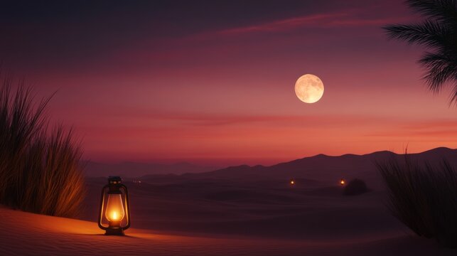 A peaceful Ramadan gathering in the desert, with lanterns glowing under the moonlit sky,