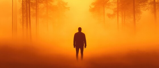 Silhouette of person in foggy forest