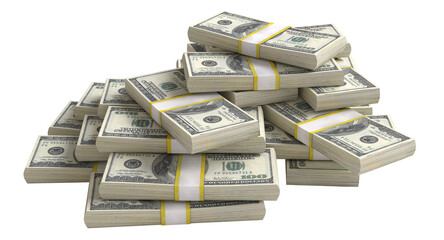 Stack of new one hundred us dollar bills bundles on transparent background