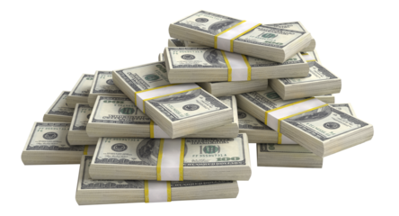 Stack of new one hundred us dollar bills bundles on transparent background