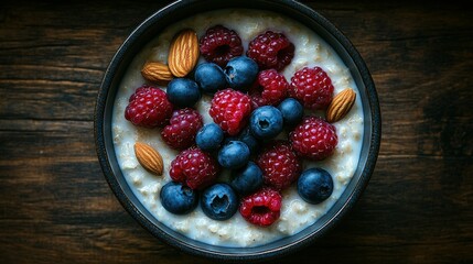 Nutritious berryalmond oatmeal bowl on wood