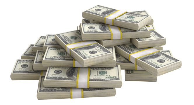 Stack of new one hundred us dollar bills bundles on transparent background - Powered by Adobe