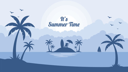 Tropical Beach Sunset Panorama with Palm Trees, Surfboard, Sailboat, and Chair – Summer Vacation Landscape Flat Vector Illustration