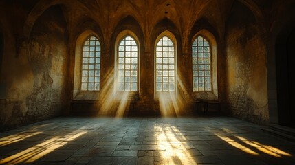 Sunlight Streaming Through Arched Windows in an Abandoned Room