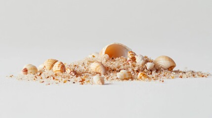 Seashells and sand.  A small pile of sand with various seashells scattered on top