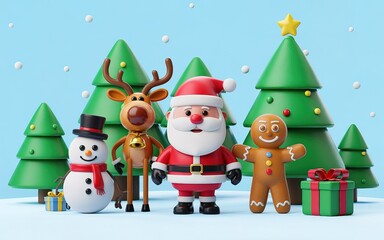 Charming Santa, Reindeer, Snowman, & Gingerbread with Gifts 3D Render on Light Blue