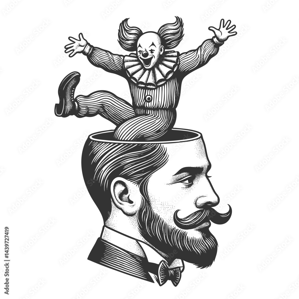 Poster man in a suit with his head opening like a lid, revealing a laughing clown bursting out in a surreal
