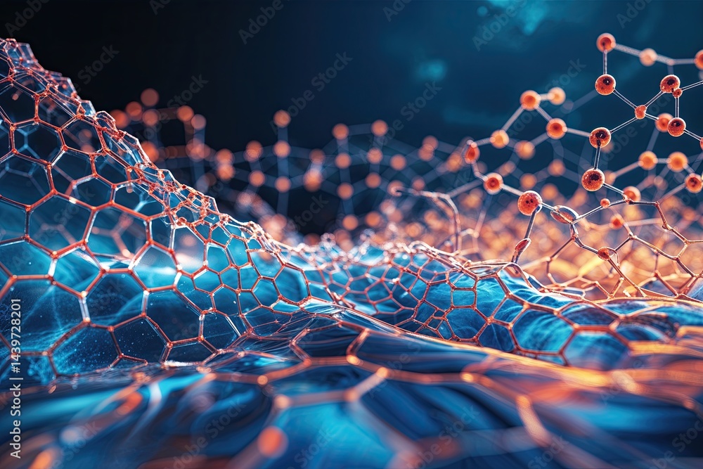Poster innovative molecular theme with hexagonal grids and wave flow inspired abstract background for biome