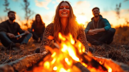 A roaring campfire illuminating the faces of survivalists