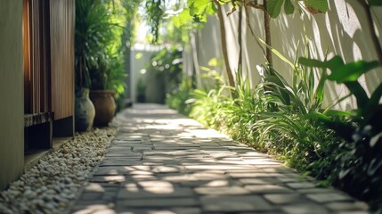 Obraz premium Sun-dappled Stone Path Through Lush Greenery