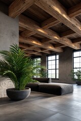 Luxurious tropical resort interior with large green plants wooden ceiling and modern stone flooring creating refreshing exotic relaxing atmosphere ideal for tropical holiday destination with nature