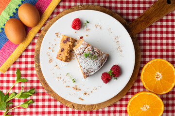 Whole wheat vegan cake with fresh fruit. Top view table.