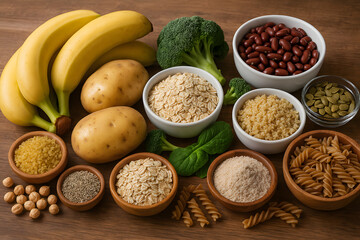 A variety of foods including beans, potatoes