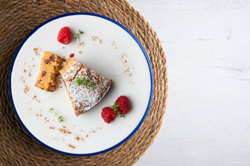 Whole wheat vegan cake with fresh fruit. Top view table.