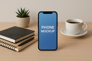 A phone is on a table next to a cup of coffee and a book. The phone is labeled "Mockup" and the coffee cup is empty
