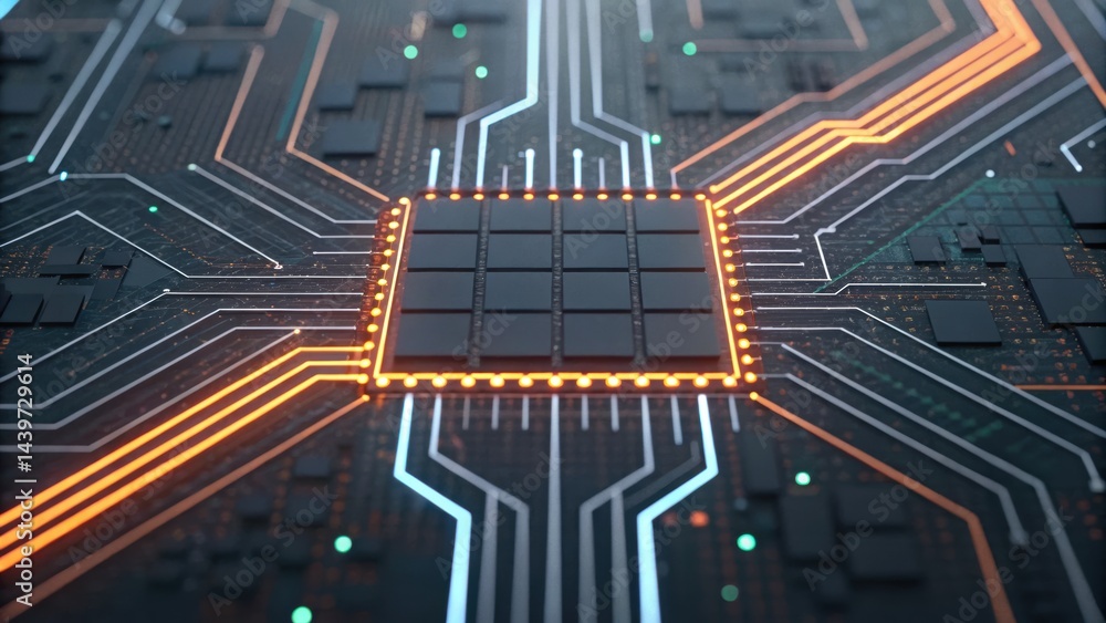 Aufkleber high-tech circuit board with intricate connections and a central microchip, showcasing modern techno