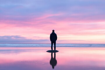 Man stands on rock, gazing at colorful sunset