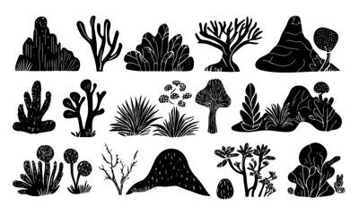 Set of black and white vector surreal contemporary minimal linocut style nature. Hand drawing minimal symbols and nature.	
