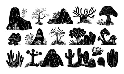 Set of black and white vector surreal contemporary minimal linocut style nature. Hand drawing minimal symbols and nature.	
