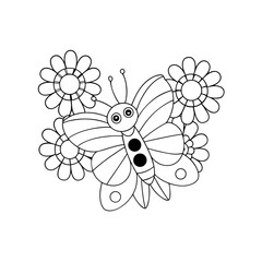 Simple Drawing of a Butterfly and Flowers Coloring Page