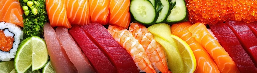 vibrant sushi platter featuring various types of fish, vegetables, and garnishes, showcasing colorful arrangement
