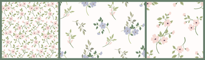 Seamless floral pattern, liberty ditsy print with hand drawn flowers branches in abstract composition. Delicate botanical design, small flowers, leaves, twigs in pastel colors. Vector illustration.