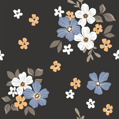 Seamless floral pattern, decorative ditsy print in folk motif. Pretty botanical design of small hand drawn flowers, tiny leaves, simple bouquets with daisies on a brown background. Vector illustration
