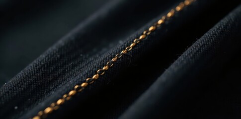 Golden thread stitches black fabric, extreme close-up , fabric, handmade