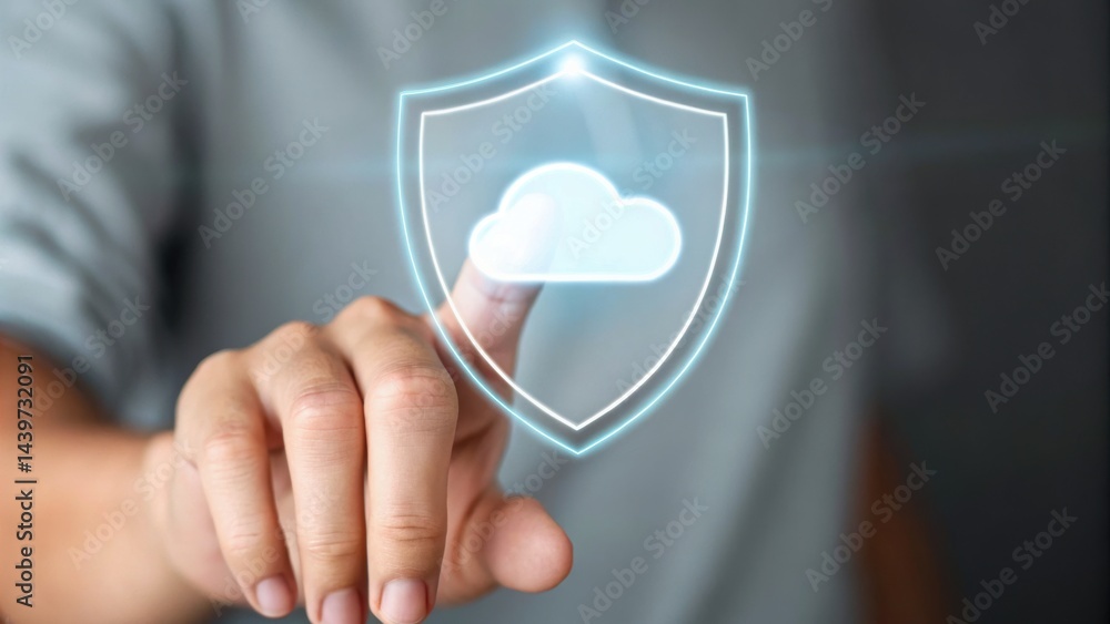 Aufkleber a person touching a digital cloud icon within a shield symbolizing cloud security and technology.