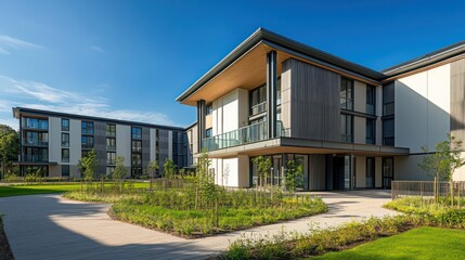Modern architectural buildings amidst lush greenery