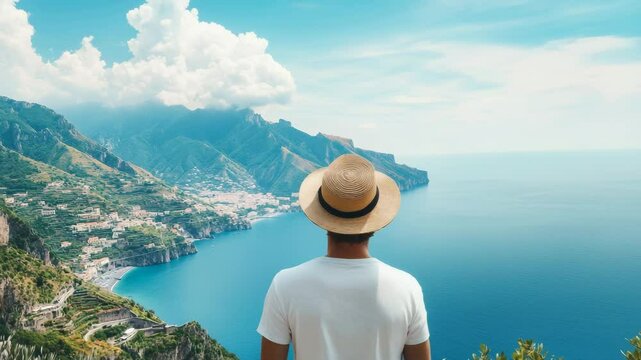 A man in a hat stands overlooking a stunning coastal landscape under a sunny sky, appreciating the harmony of nature and ocean. The picturesque scenery creates an ideal scene for relaxation