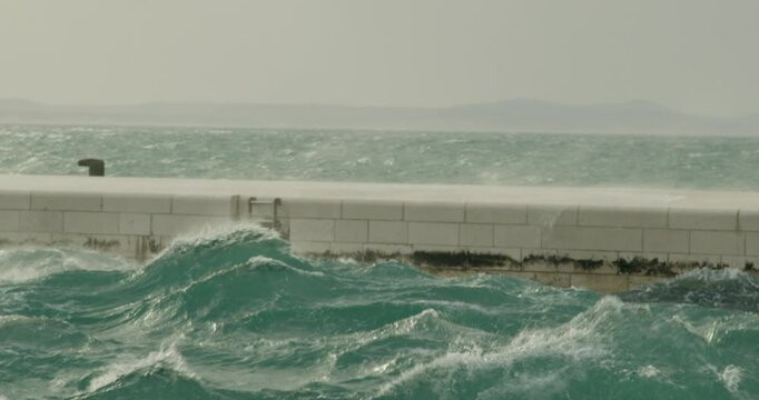 Strong Waves from the Jugo Wind Crash on the Promenade in Zadar, Croatia