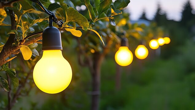 Warm-toned outdoor string lights illuminate a garden at dusk - Powered by Adobe