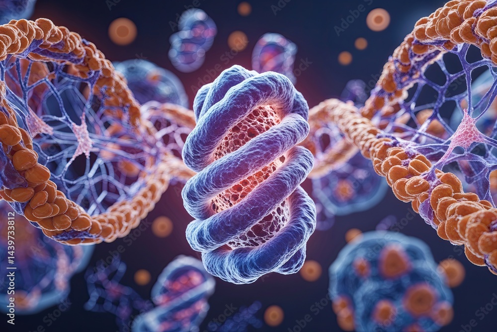 Poster exploring innovations in stem cell research: helix dynamics and cellular regeneration in biotechnolo